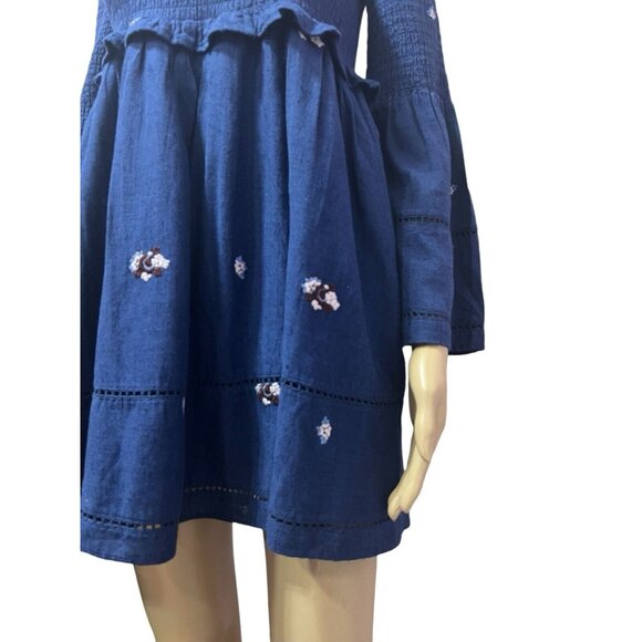 NWT Free People Counting Daisies Navy Blue Smocked Embroidered Mini Dress Small - Picture 11 of 12
